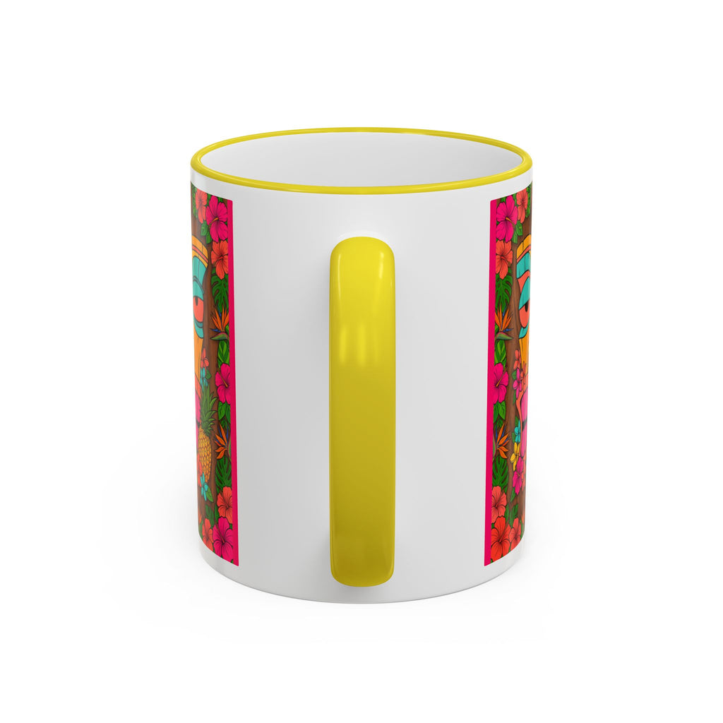 Tiki Mask Floral Accent Mug — Colorful Tropical Coffee Cup (11oz/15oz)