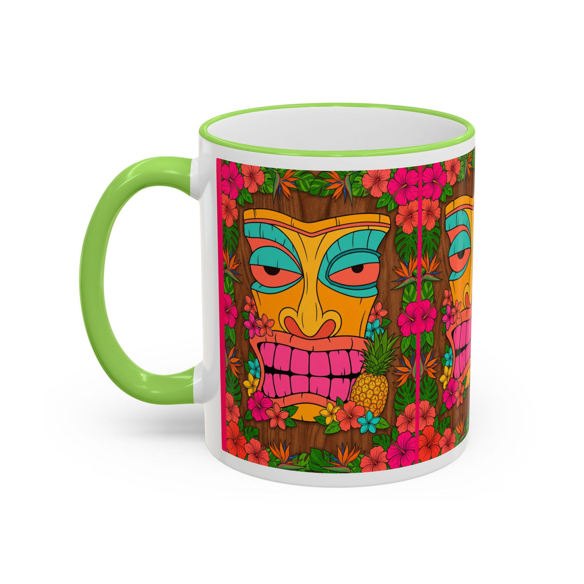 Tiki Mask Floral Accent Mug — Colorful Tropical Coffee Cup (11oz/15oz)