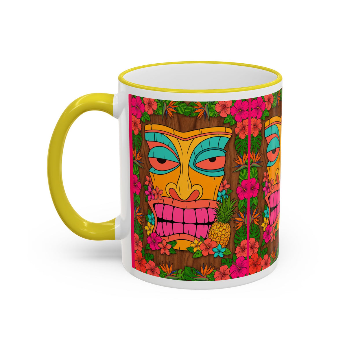 Tiki Mask Floral Accent Mug — Colorful Tropical Coffee Cup (11oz/15oz)