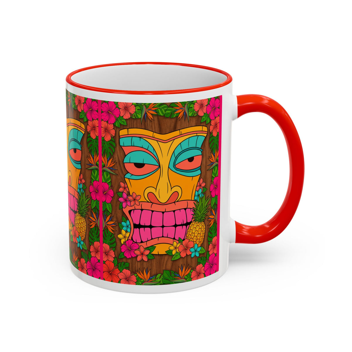 Tiki Mask Floral Accent Mug — Colorful Tropical Coffee Cup (11oz/15oz)
