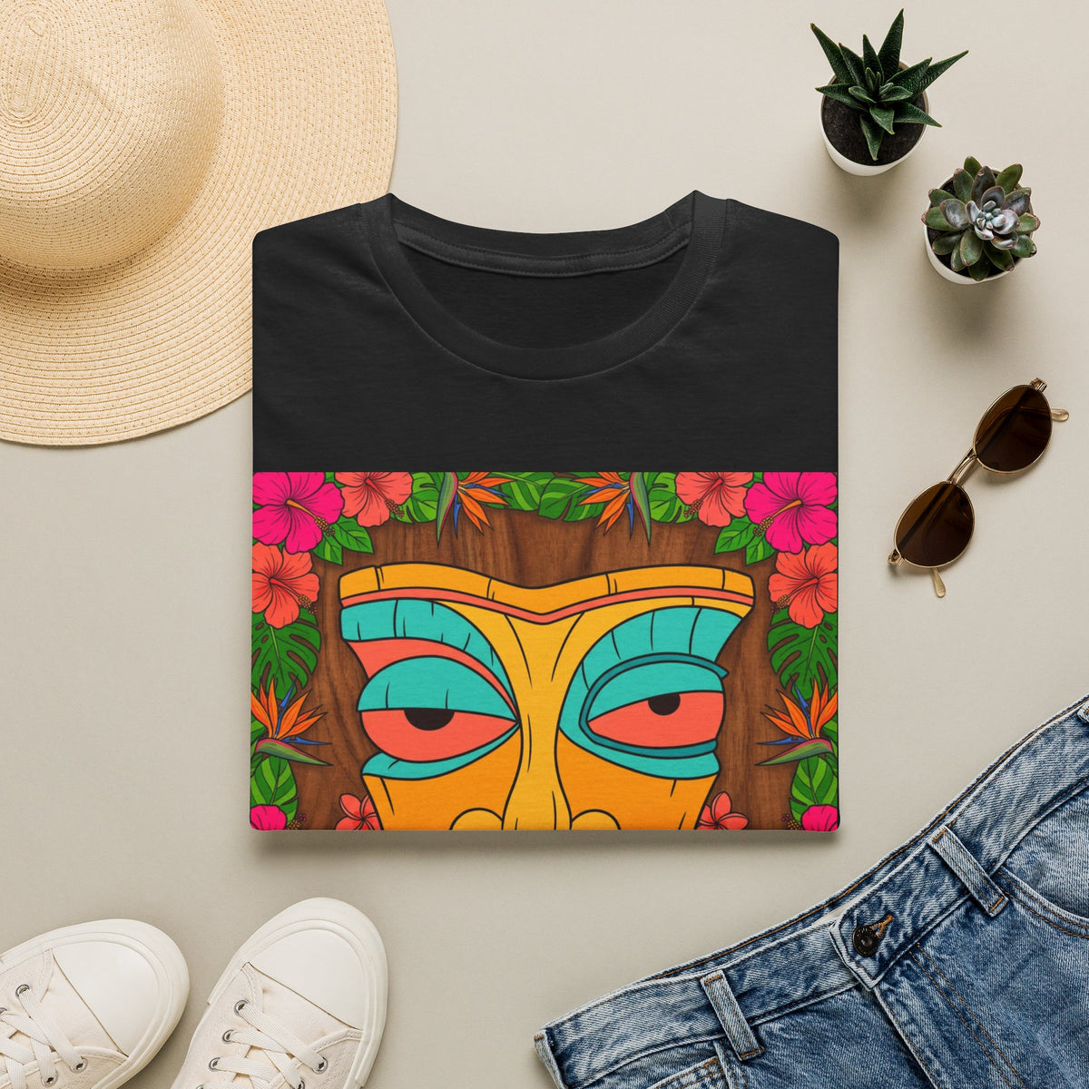Tiki Mask Graphic Tee — Tropical Retro Tribal Face T-Shirt