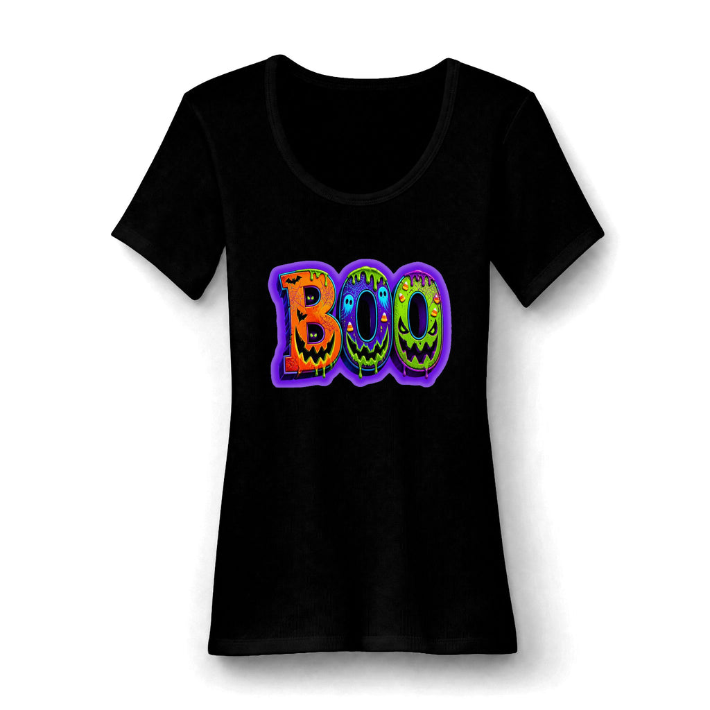 Halloween 'BOO' Scoop Neck Tee — Women's Spooky Graphic Shirt