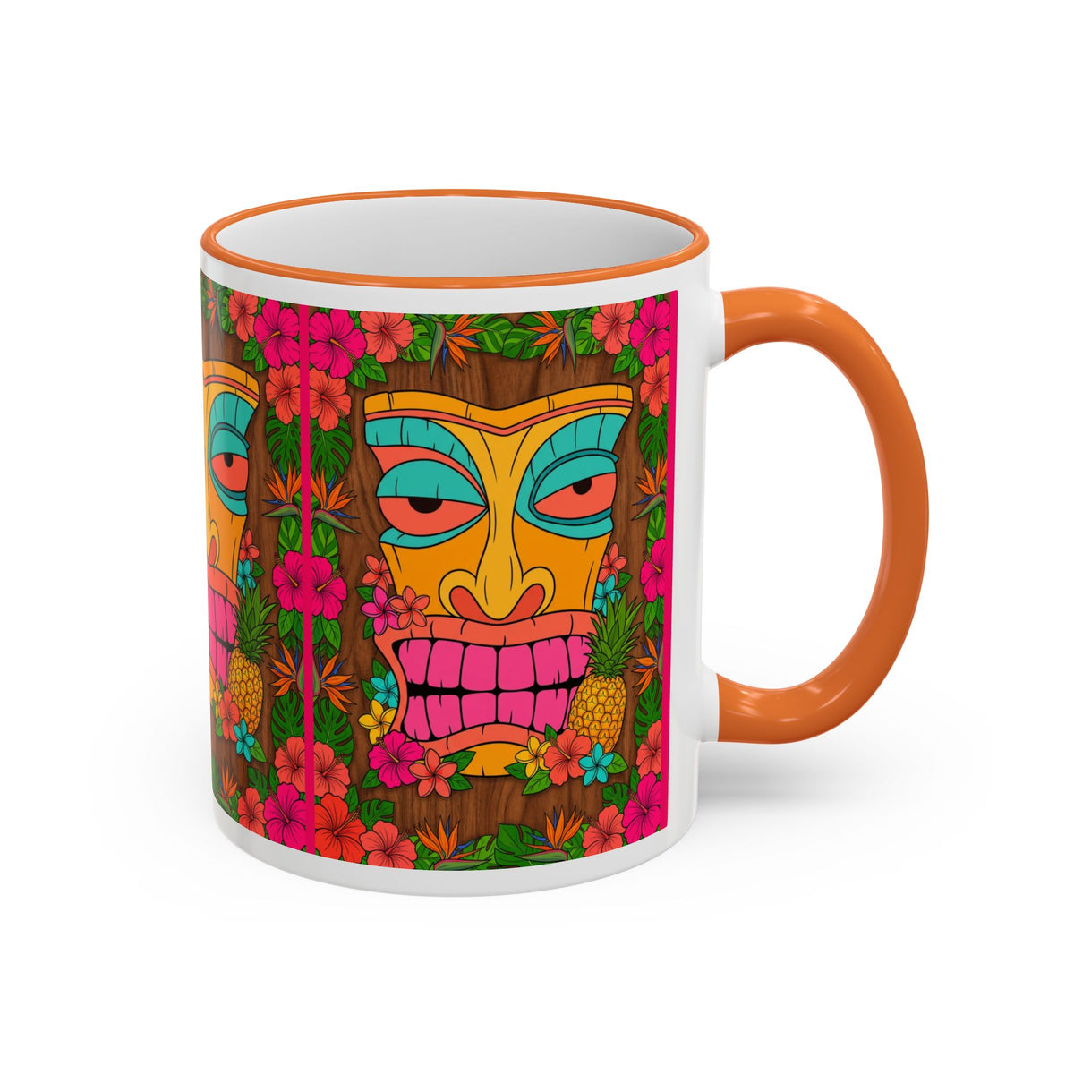 Tiki Mask Floral Accent Mug — Colorful Tropical Coffee Cup (11oz/15oz)