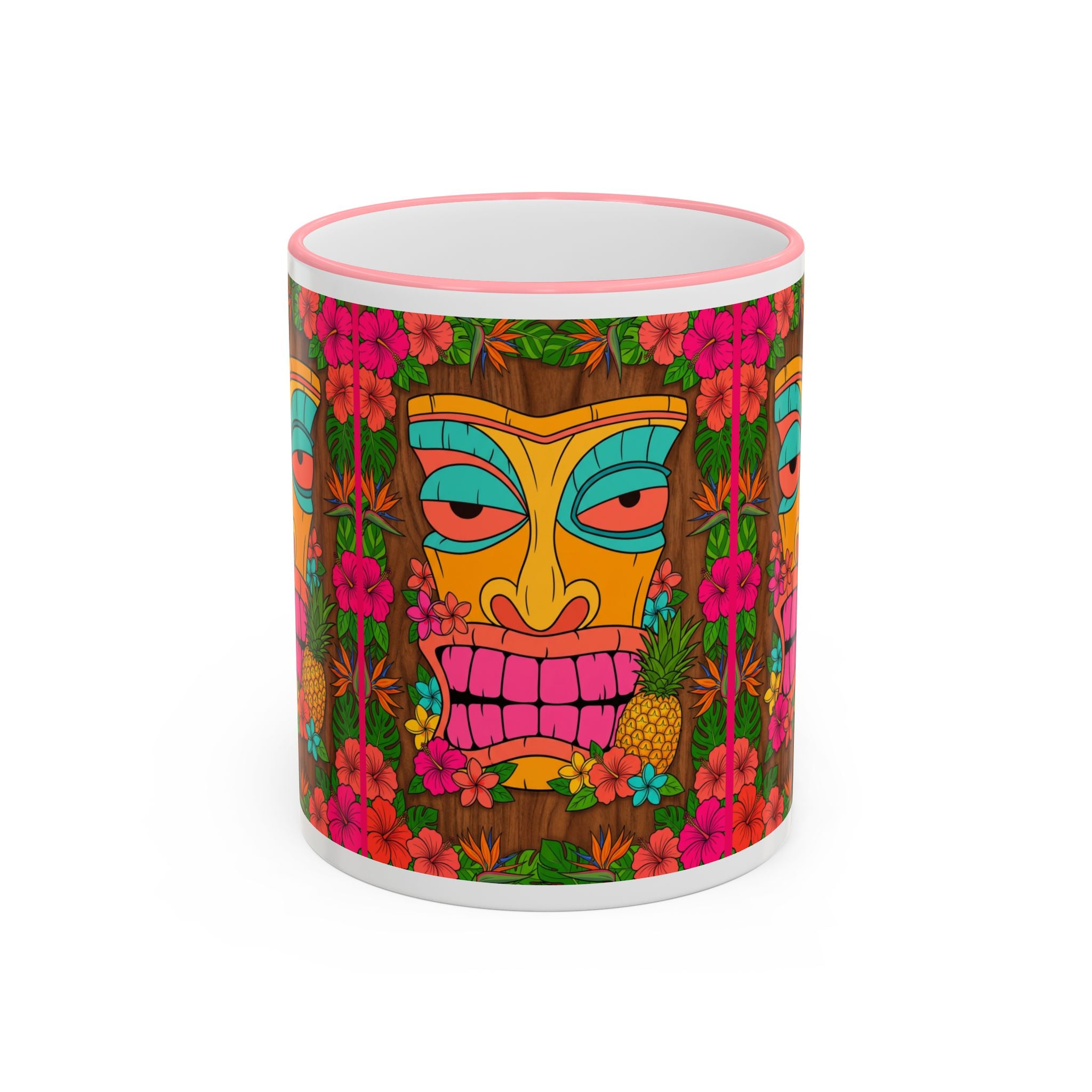 Tiki Mask Floral Accent Mug — Colorful Tropical Coffee Cup (11oz/15oz)