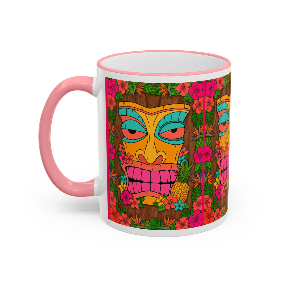 Tiki Mask Floral Accent Mug — Colorful Tropical Coffee Cup (11oz/15oz)