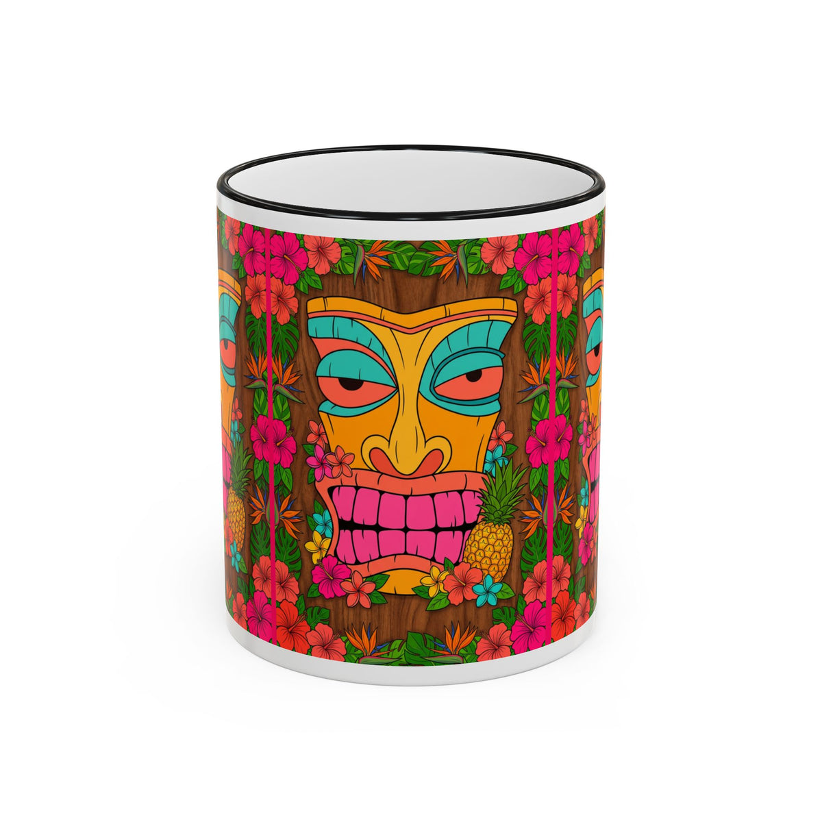 Tiki Mask Floral Accent Mug — Colorful Tropical Coffee Cup (11oz/15oz)