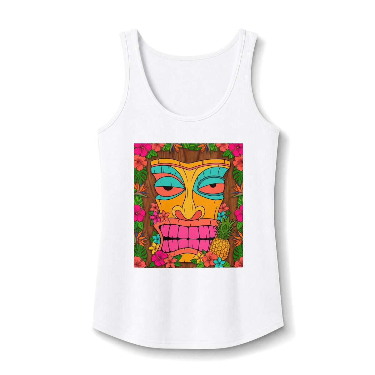 Tiki Mask Tank Top — Colorful Tropical Floral Graphic Women’s Tank