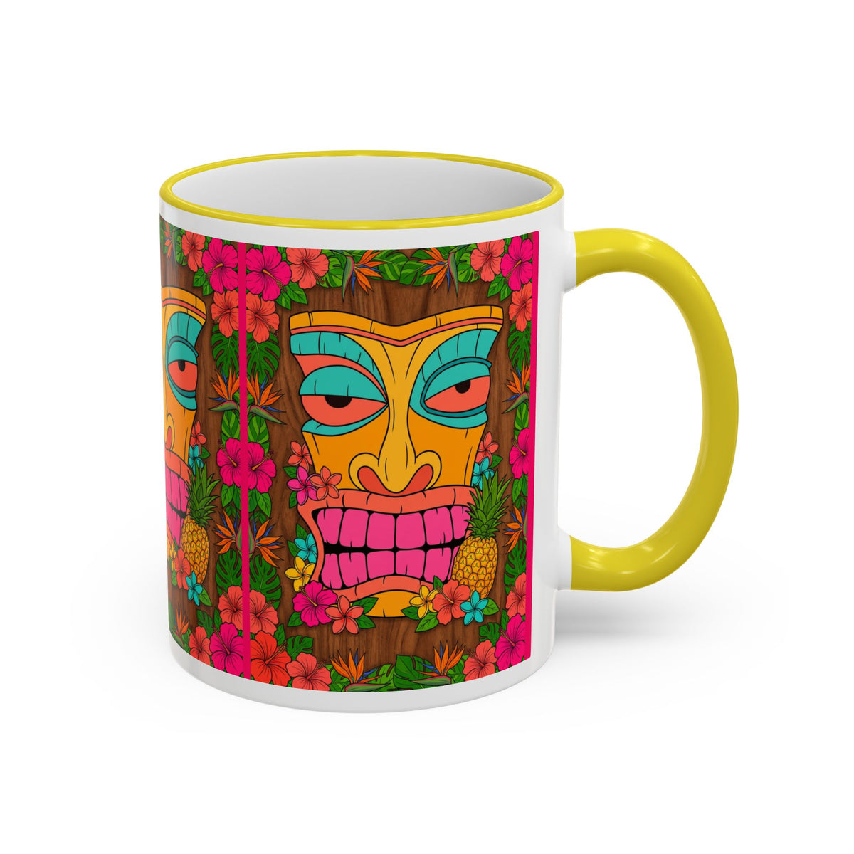 Tiki Mask Floral Accent Mug — Colorful Tropical Coffee Cup (11oz/15oz)