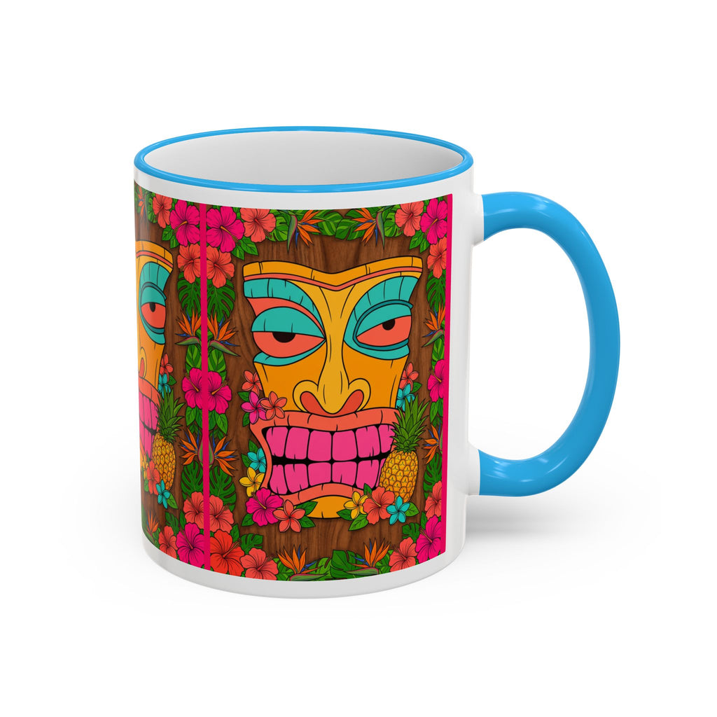 Tiki Mask Floral Accent Mug — Colorful Tropical Coffee Cup (11oz/15oz)