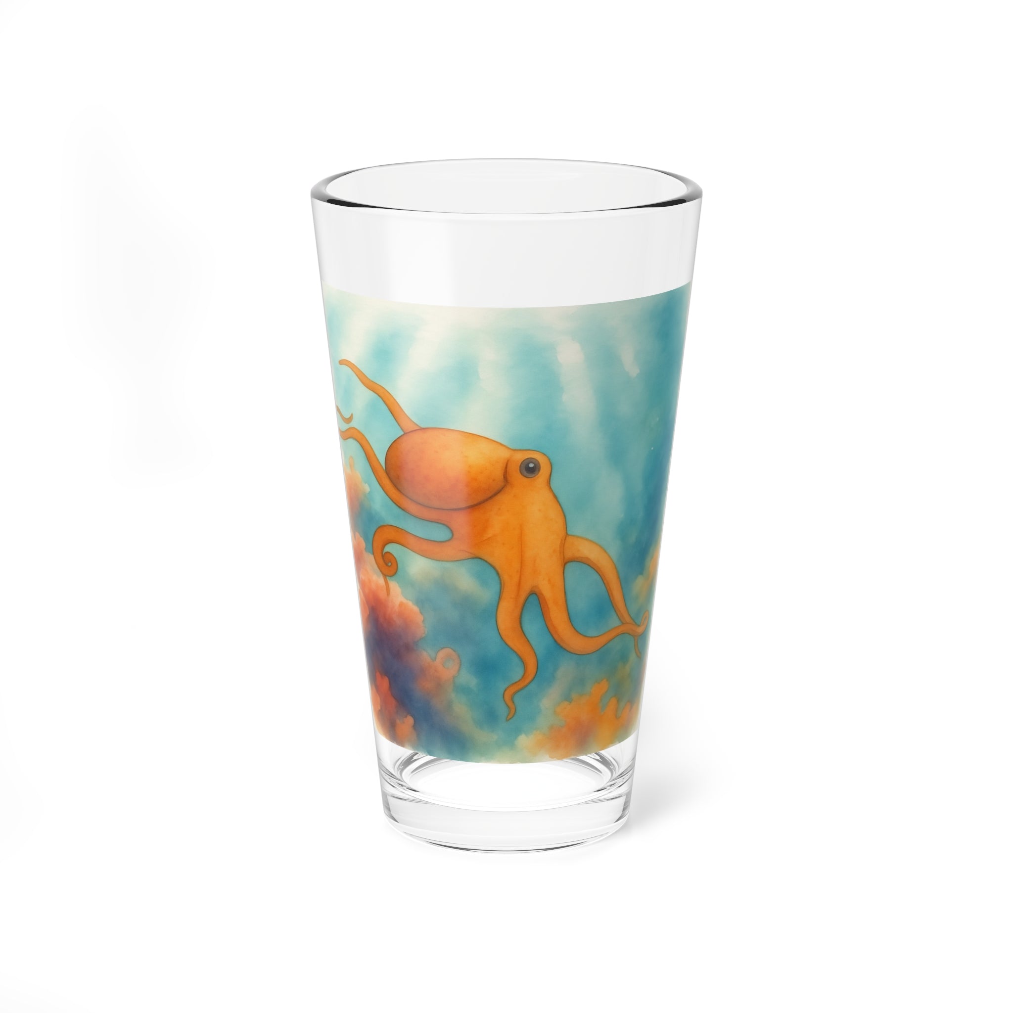 Octopus Art Mixing Glass — 16 oz Pint Glass with Underwater Sunset Design