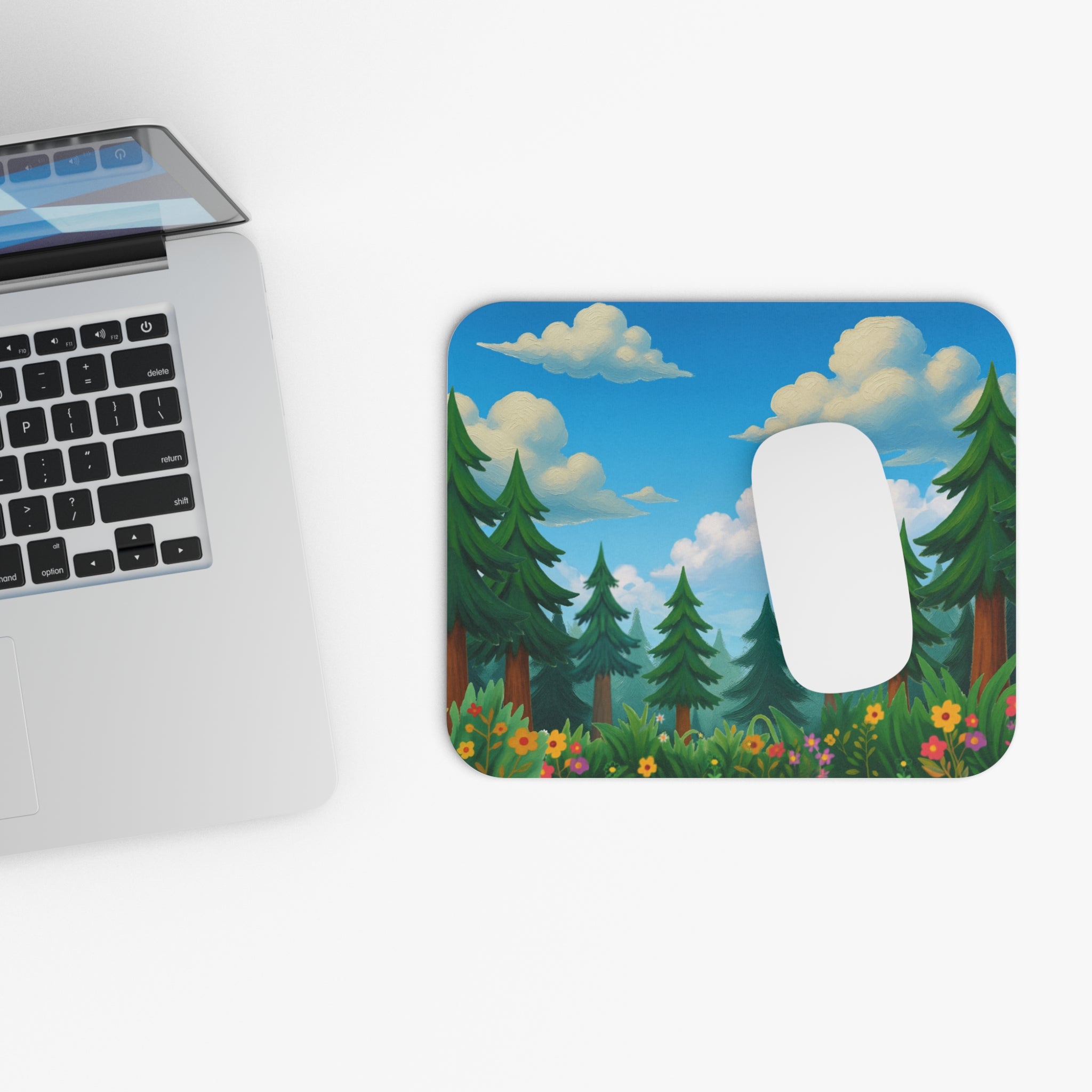 Scenic Forest Mouse Pad — Cute Cartoon Pines, Wildflowers & Blue Sky Desk Mat