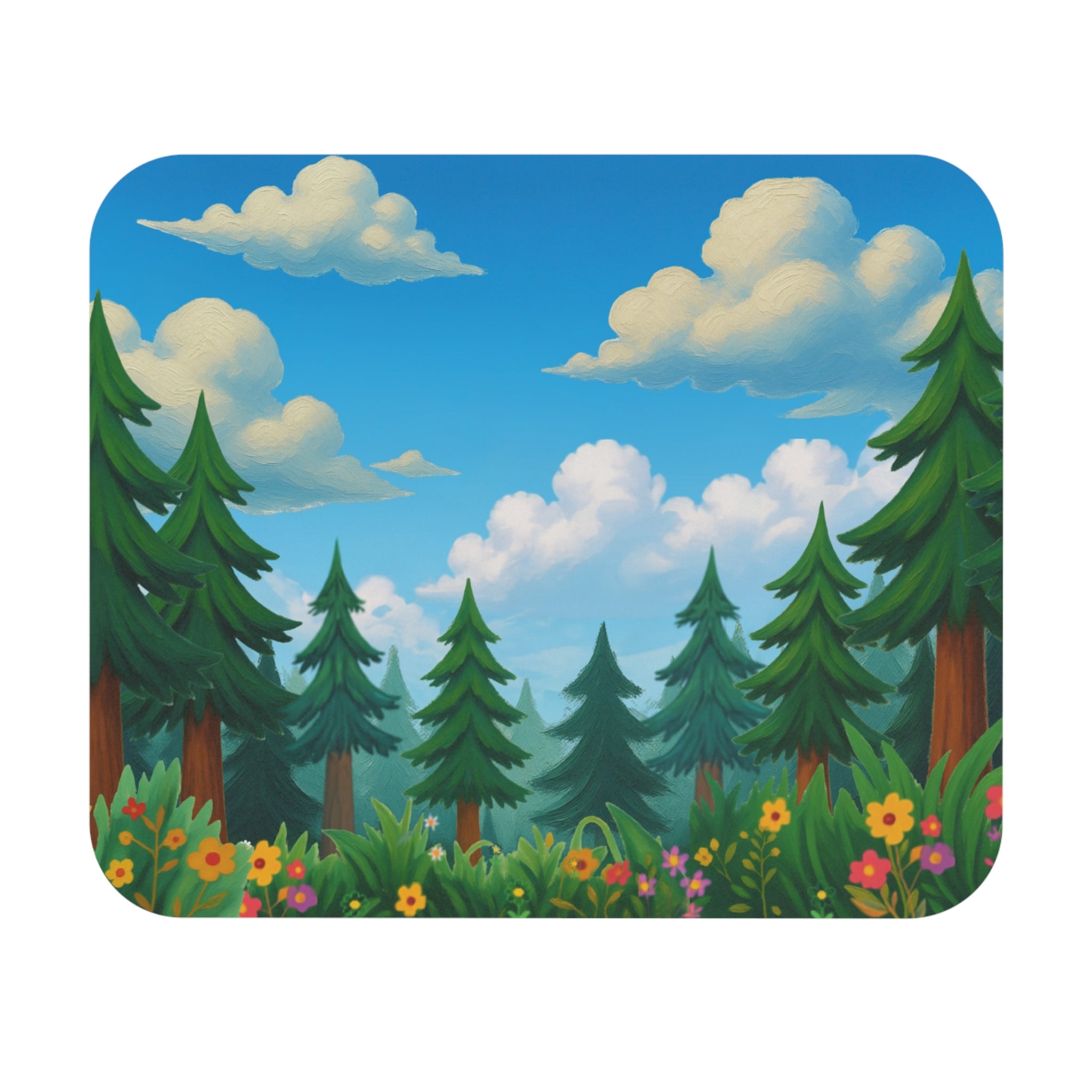 Scenic Forest Mouse Pad — Cute Cartoon Pines, Wildflowers & Blue Sky Desk Mat