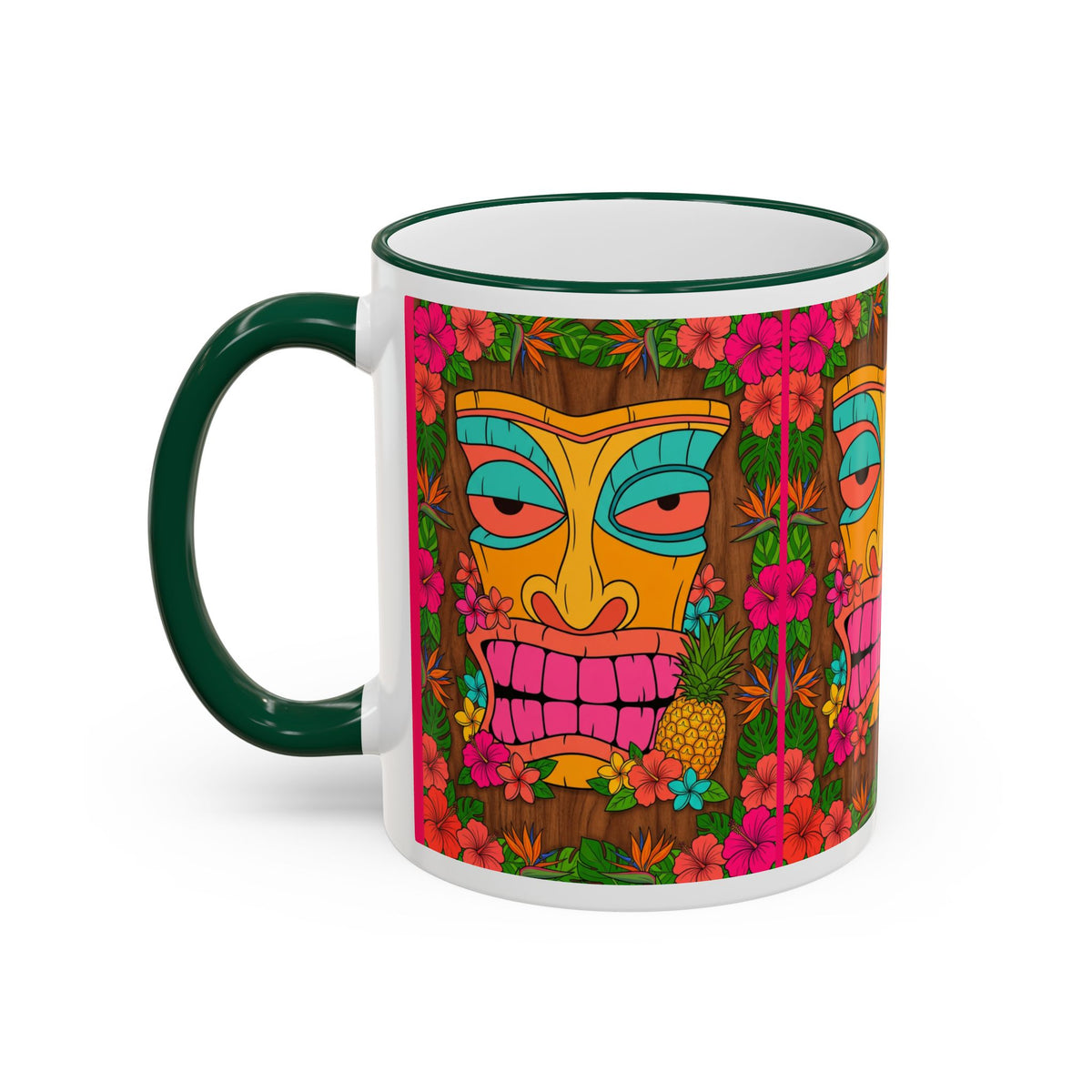 Tiki Mask Floral Accent Mug — Colorful Tropical Coffee Cup (11oz/15oz)