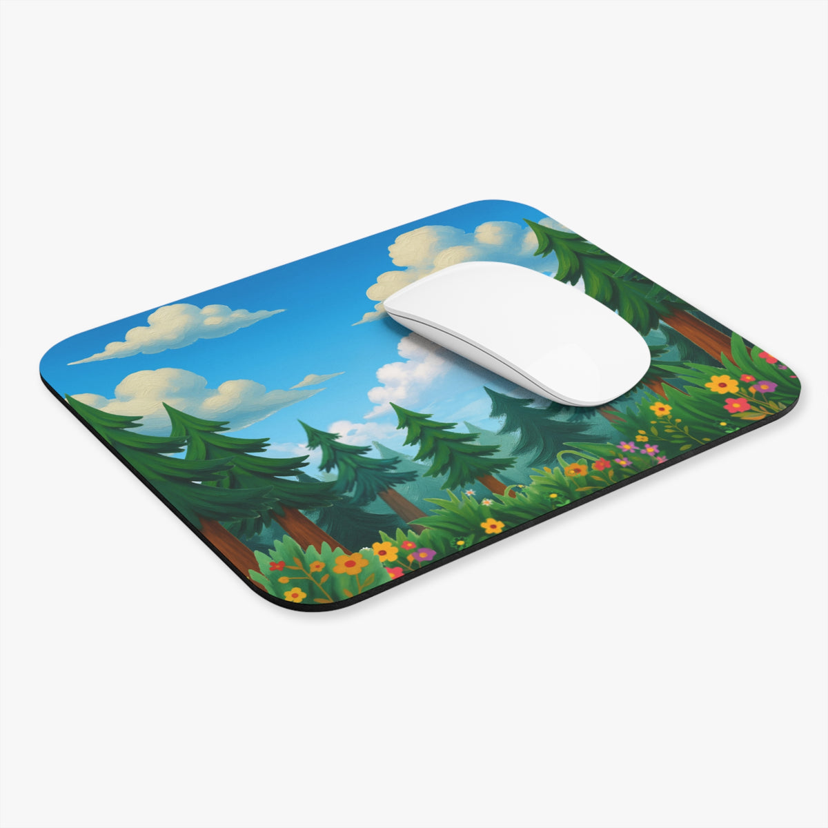 Scenic Forest Mouse Pad — Cute Cartoon Pines, Wildflowers & Blue Sky Desk Mat