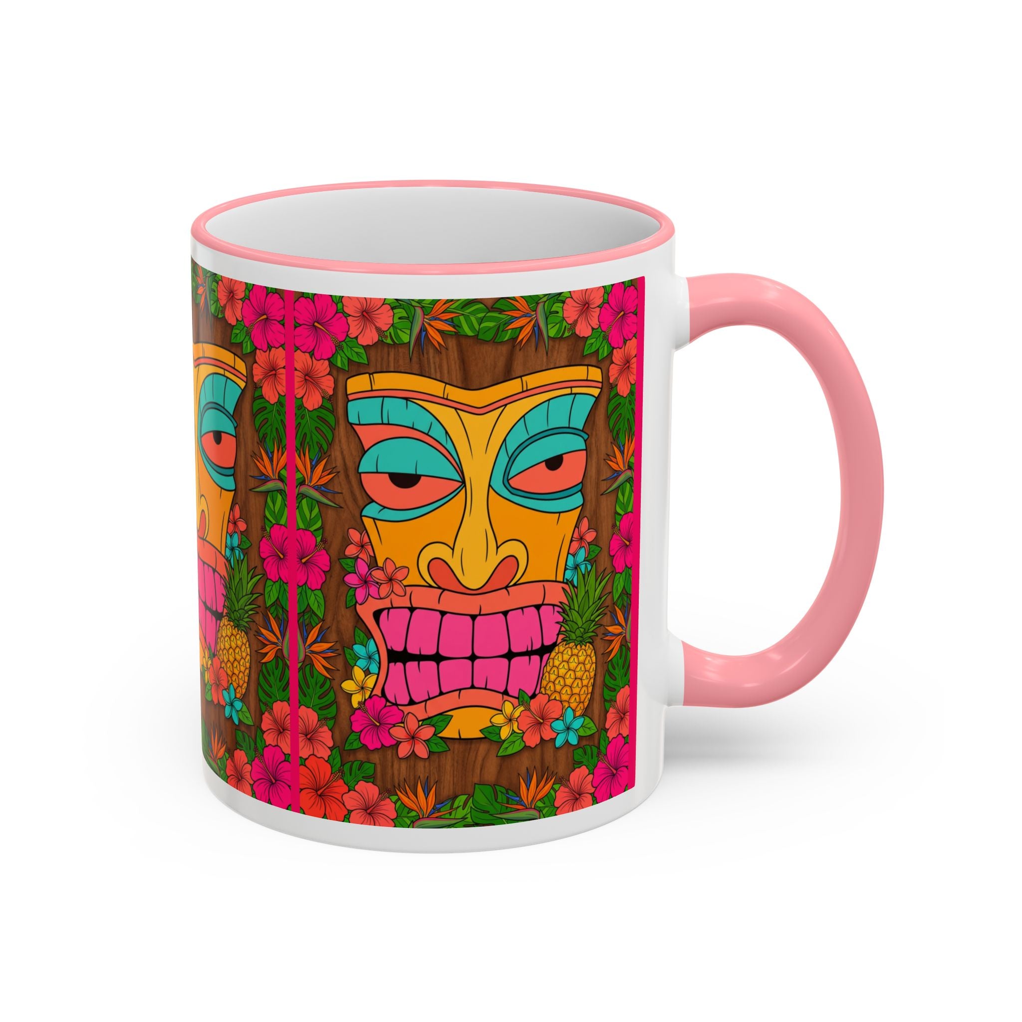 Tiki Mask Floral Accent Mug — Colorful Tropical Coffee Cup (11oz/15oz)
