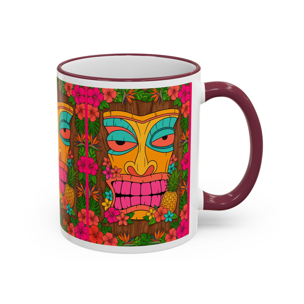 Tiki Mask Floral Accent Mug — Colorful Tropical Coffee Cup (11oz/15oz)
