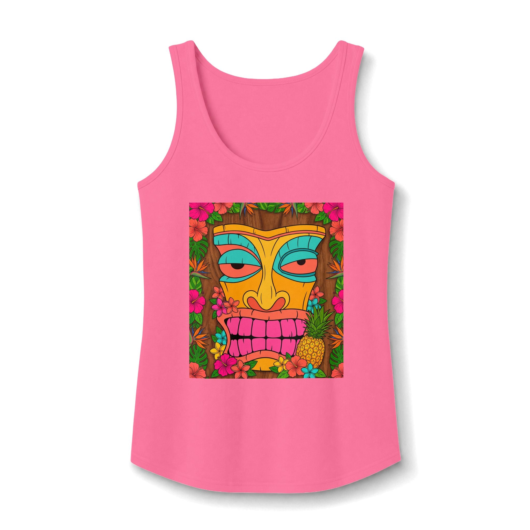 Tiki Mask Tank Top — Colorful Tropical Floral Graphic Women’s Tank