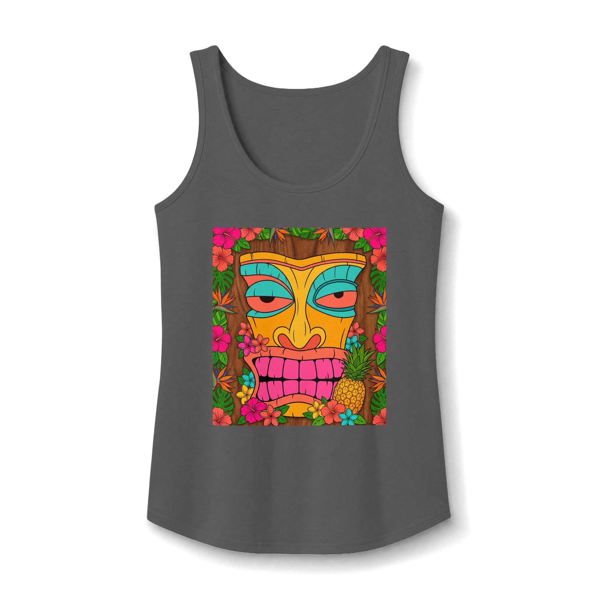 Tiki Mask Tank Top — Colorful Tropical Floral Graphic Women’s Tank