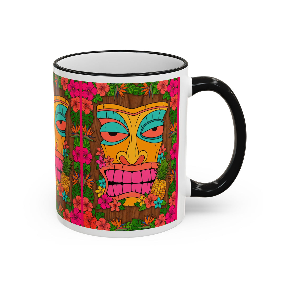 Tiki Mask Floral Accent Mug — Colorful Tropical Coffee Cup (11oz/15oz)