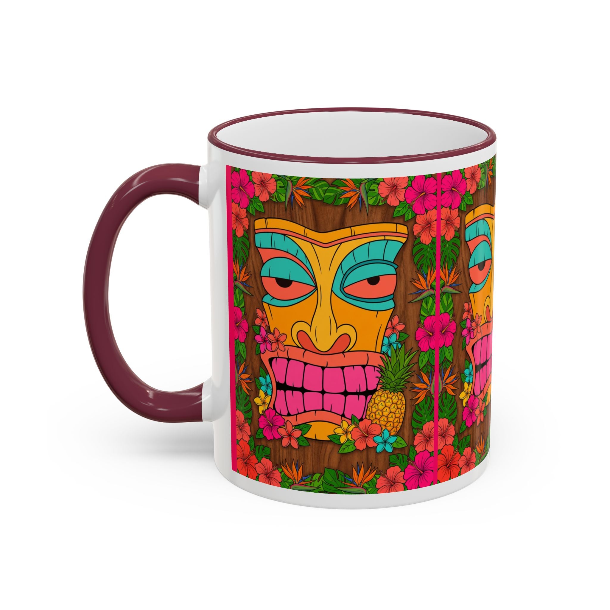 Tiki Mask Floral Accent Mug — Colorful Tropical Coffee Cup (11oz/15oz)