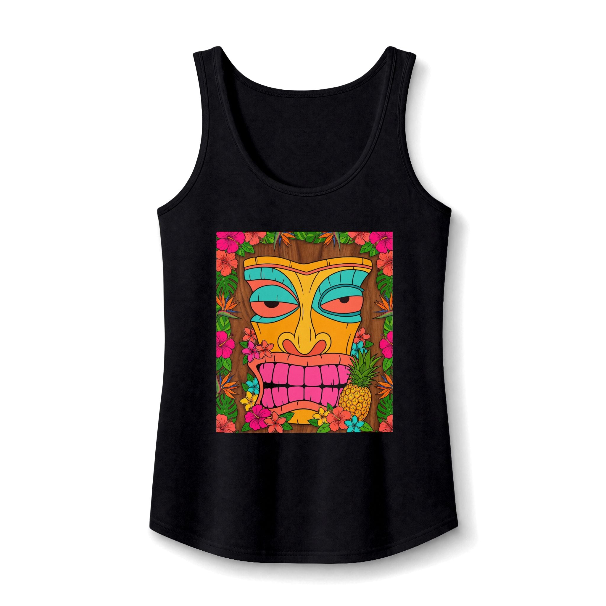 Tiki Mask Tank Top — Colorful Tropical Floral Graphic Women’s Tank