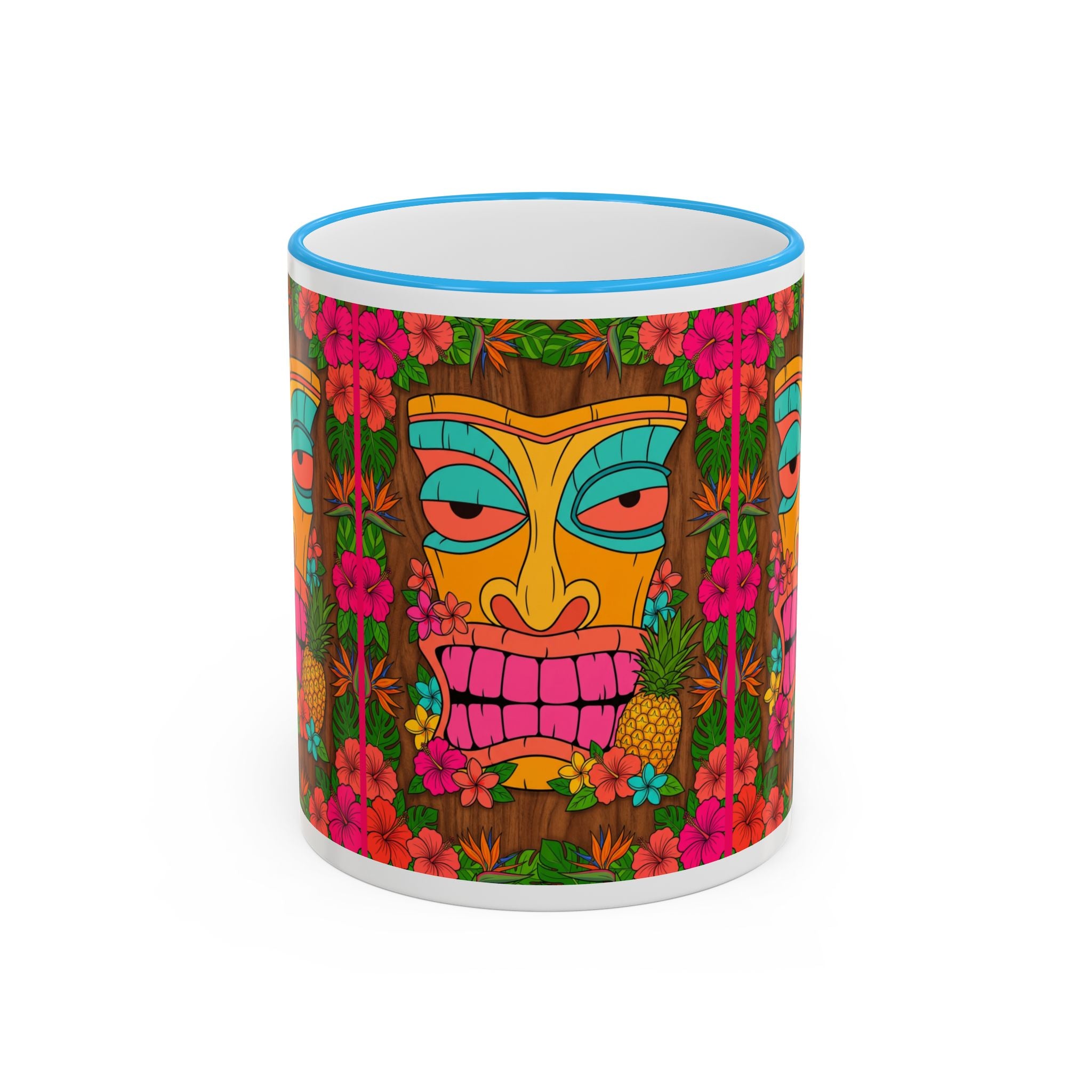 Tiki Mask Floral Accent Mug — Colorful Tropical Coffee Cup (11oz/15oz)