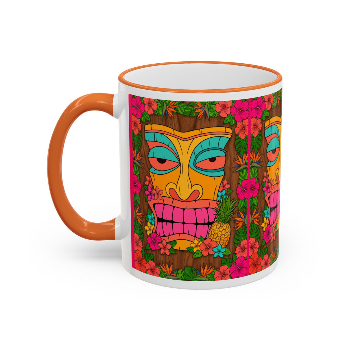 Tiki Mask Floral Accent Mug — Colorful Tropical Coffee Cup (11oz/15oz)