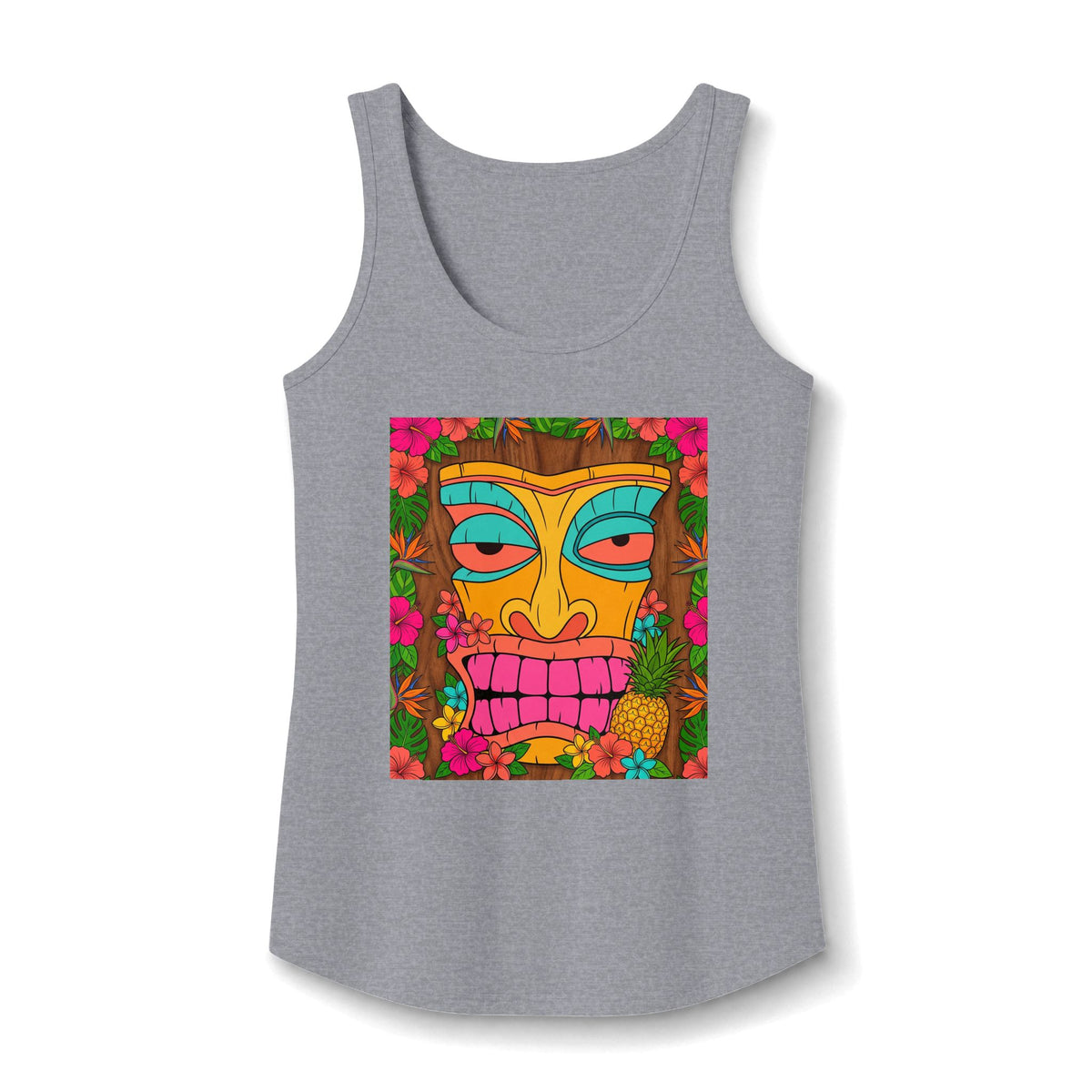 Tiki Mask Tank Top — Colorful Tropical Floral Graphic Women’s Tank